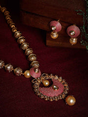 Women Gold-Plated, Pink Pearls Beaded Enameled Handcrafted Jewellery Set