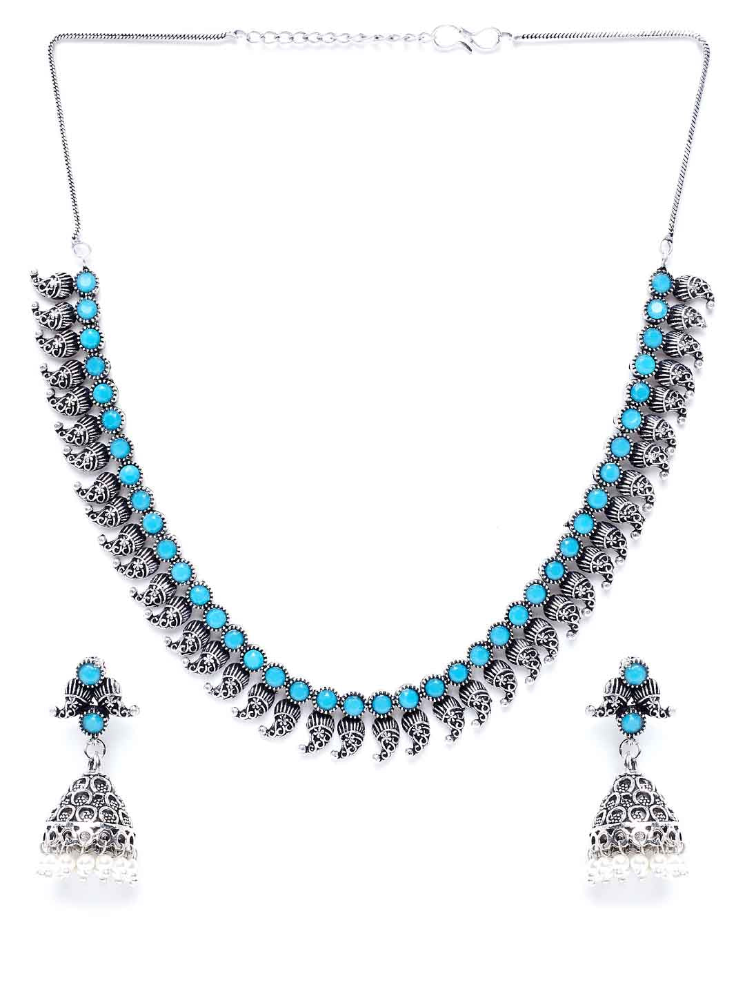 Women Oxidized Silver-Plated & Blue Stone-Studded Handcrafted Jewellery Set