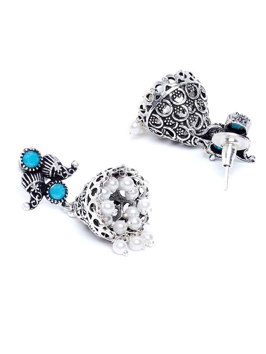 Women Oxidized Silver-Plated & Blue Stone-Studded Handcrafted Jewellery Set