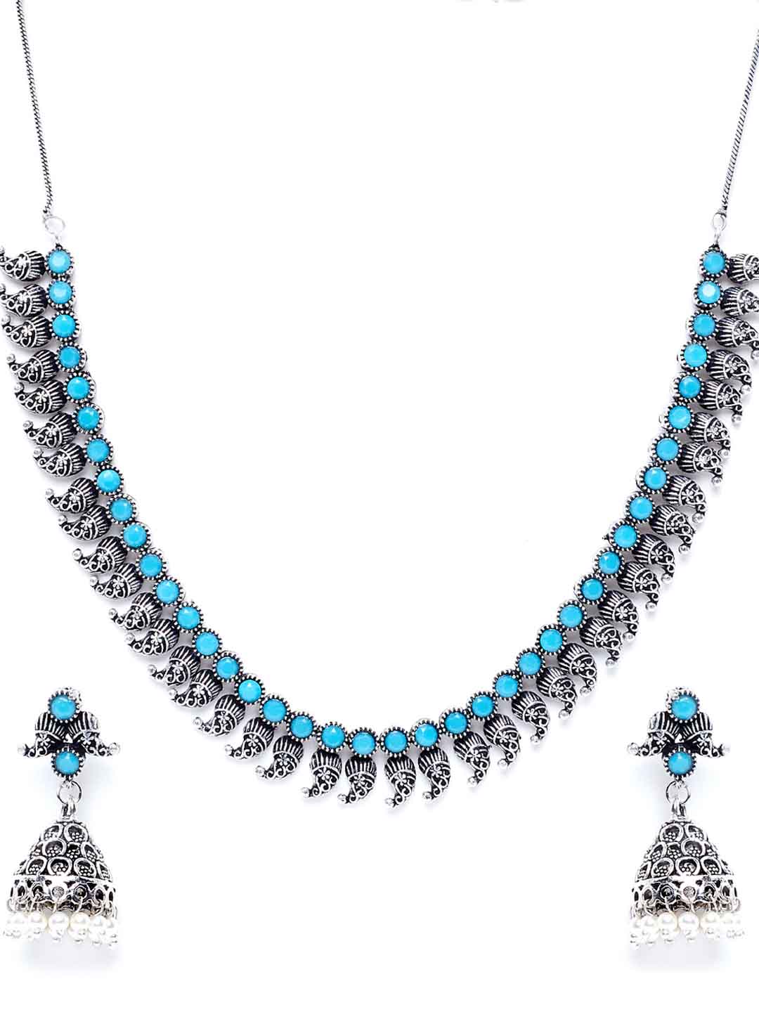 Women Oxidized Silver-Plated & Blue Stone-Studded Handcrafted Jewellery Set