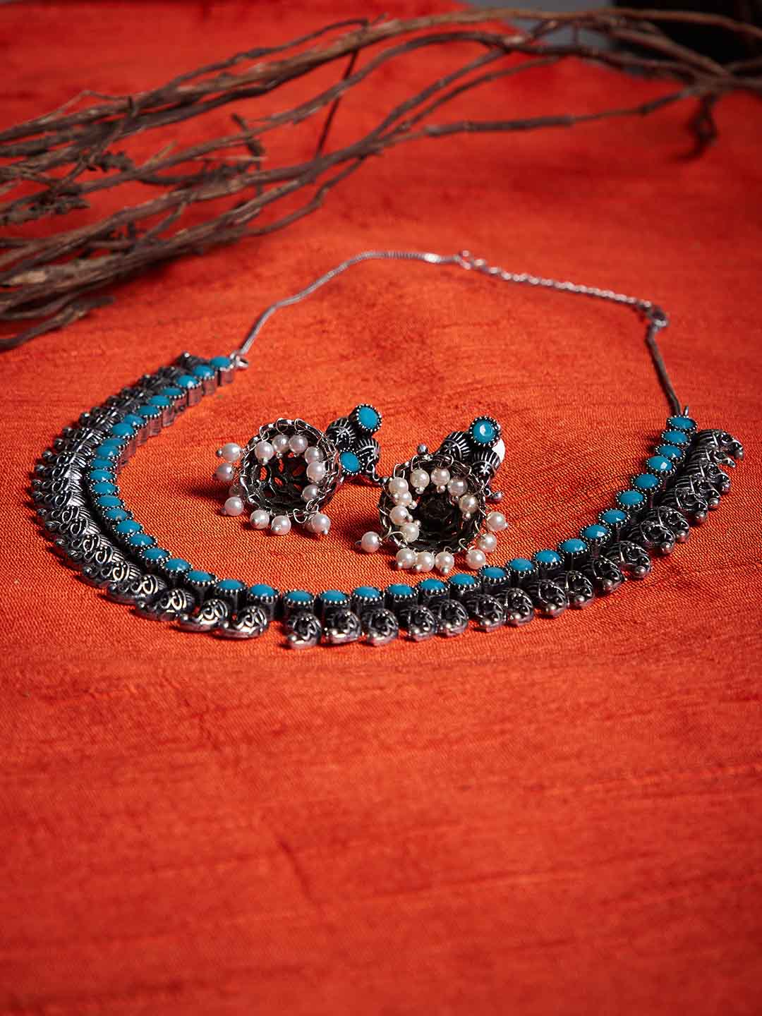 Women Oxidized Silver-Plated & Blue Stone-Studded Handcrafted Jewellery Set