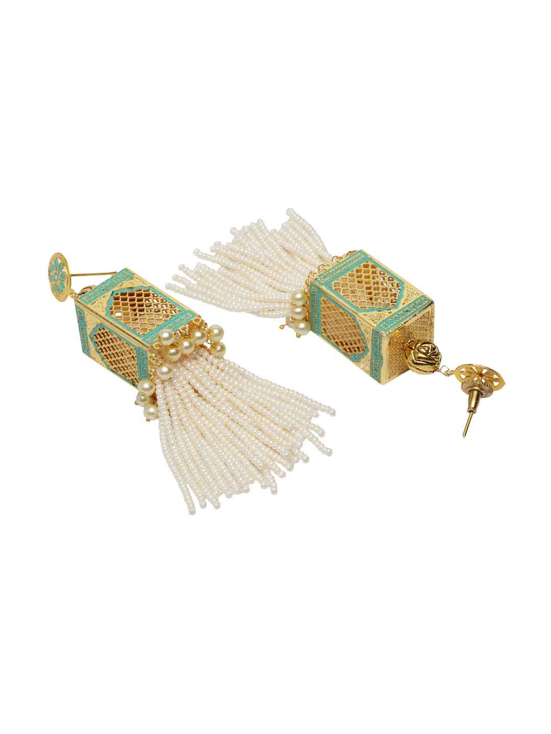 Gold-Plated Green Enameled Cream-Coloured Pearl Embellished Handcrafted Silver Jewellery Set