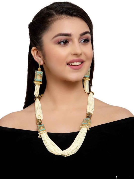 Gold-Plated Green Enameled Cream-Coloured Pearl Embellished Handcrafted Silver Jewellery Set