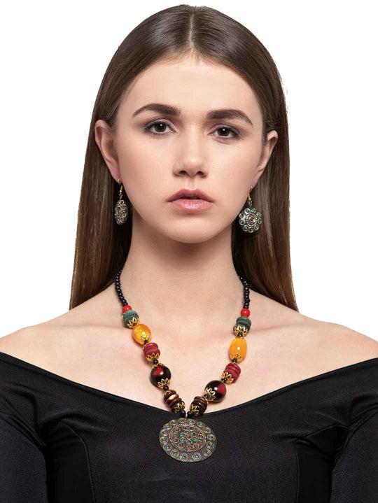 Copper-Plated Black & Green Beaded Jewellery Set