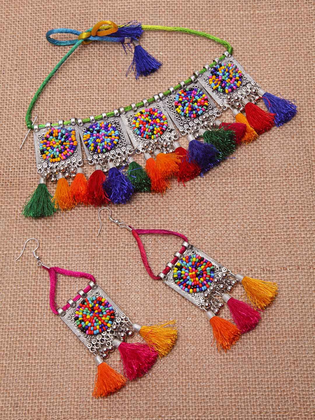 Silver-Plated Orange & Blue Beaded Handcrafted Afghan Jewellery Set