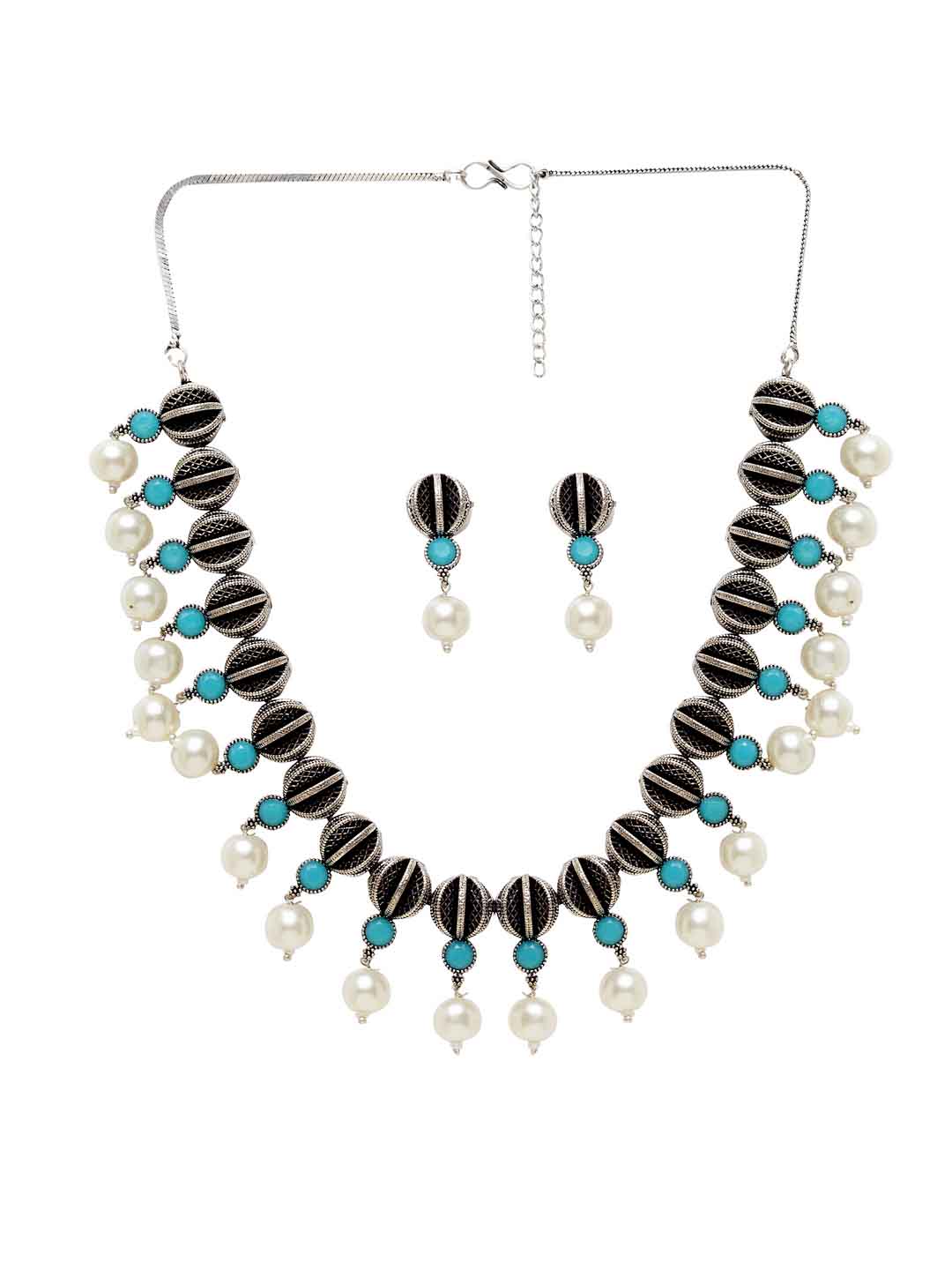 Oxidized Silver-Plated & Blue Artificial Stone-Studded Handcrafted Jewellery Set