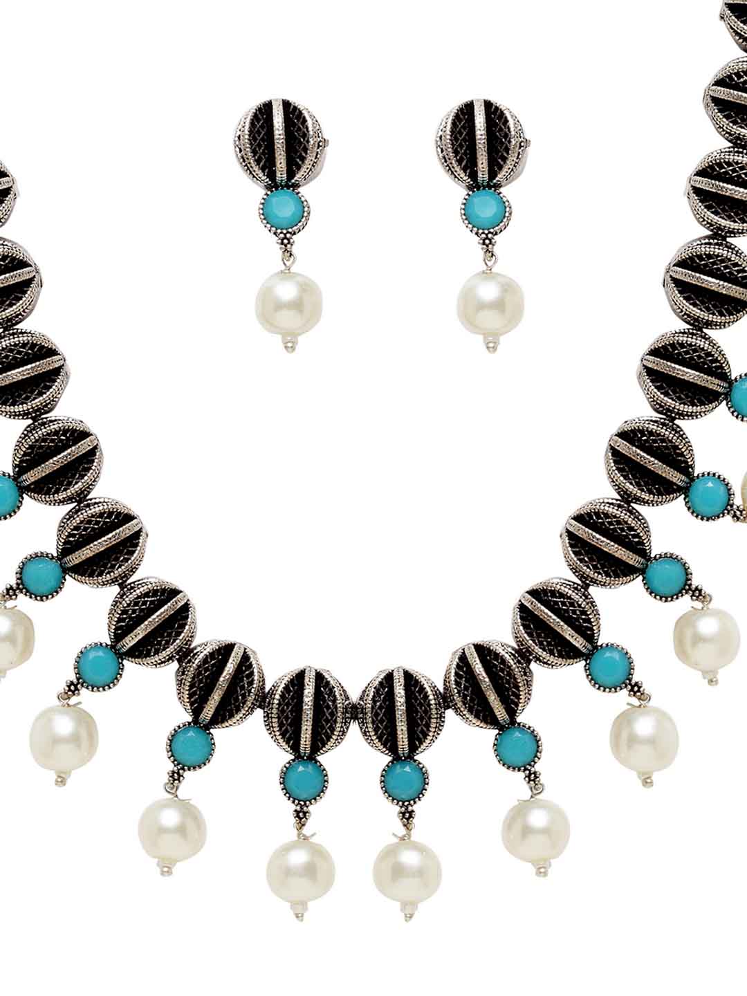 Oxidized Silver-Plated & Blue Artificial Stone-Studded Handcrafted Jewellery Set