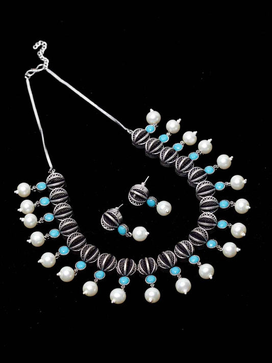 Oxidized Silver-Plated & Blue Artificial Stone-Studded Handcrafted Jewellery Set