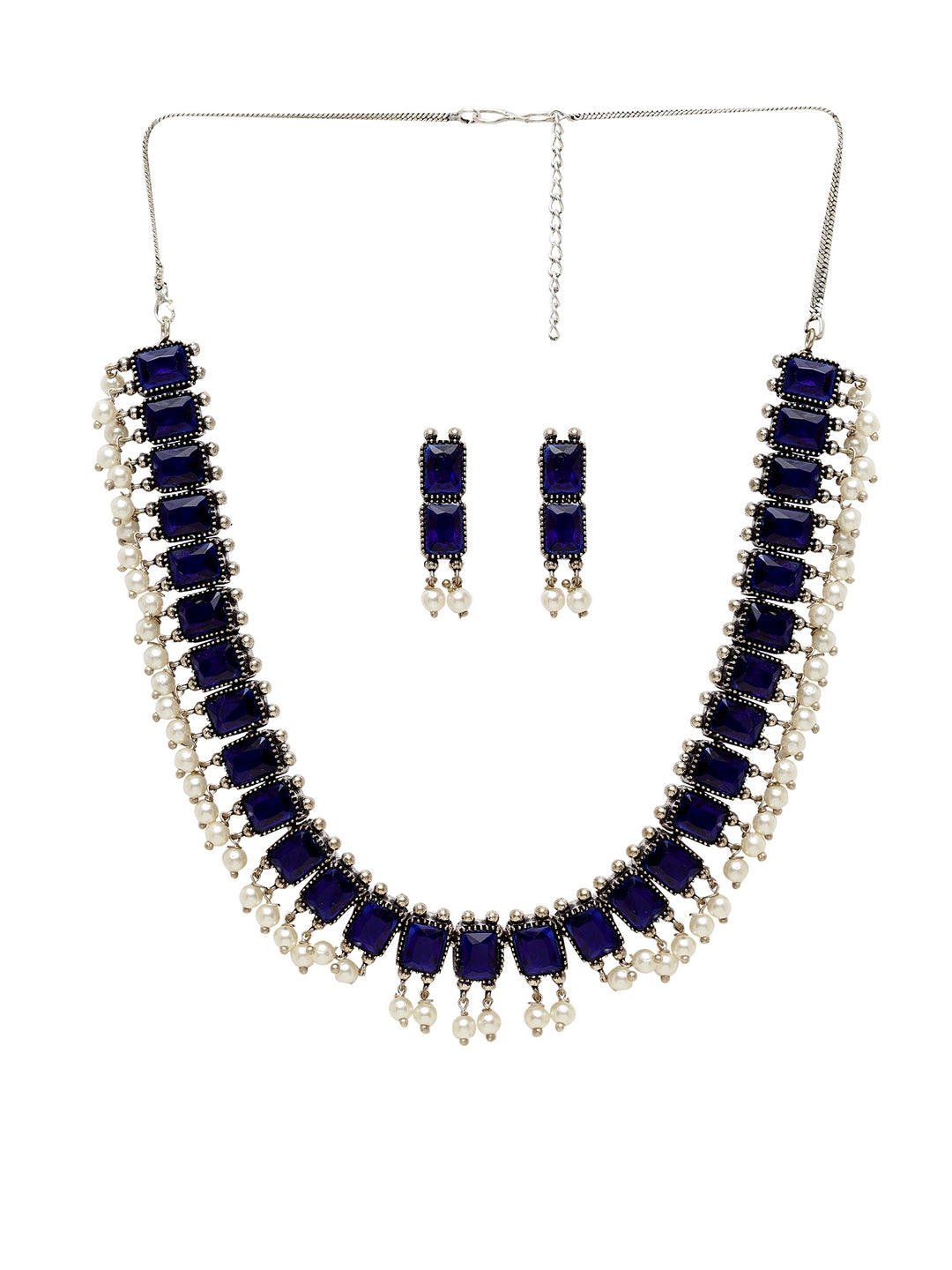 Oxidized Silver-Plated White & Blue Stone-Studded Beaded Handcrafted Jewellery Set