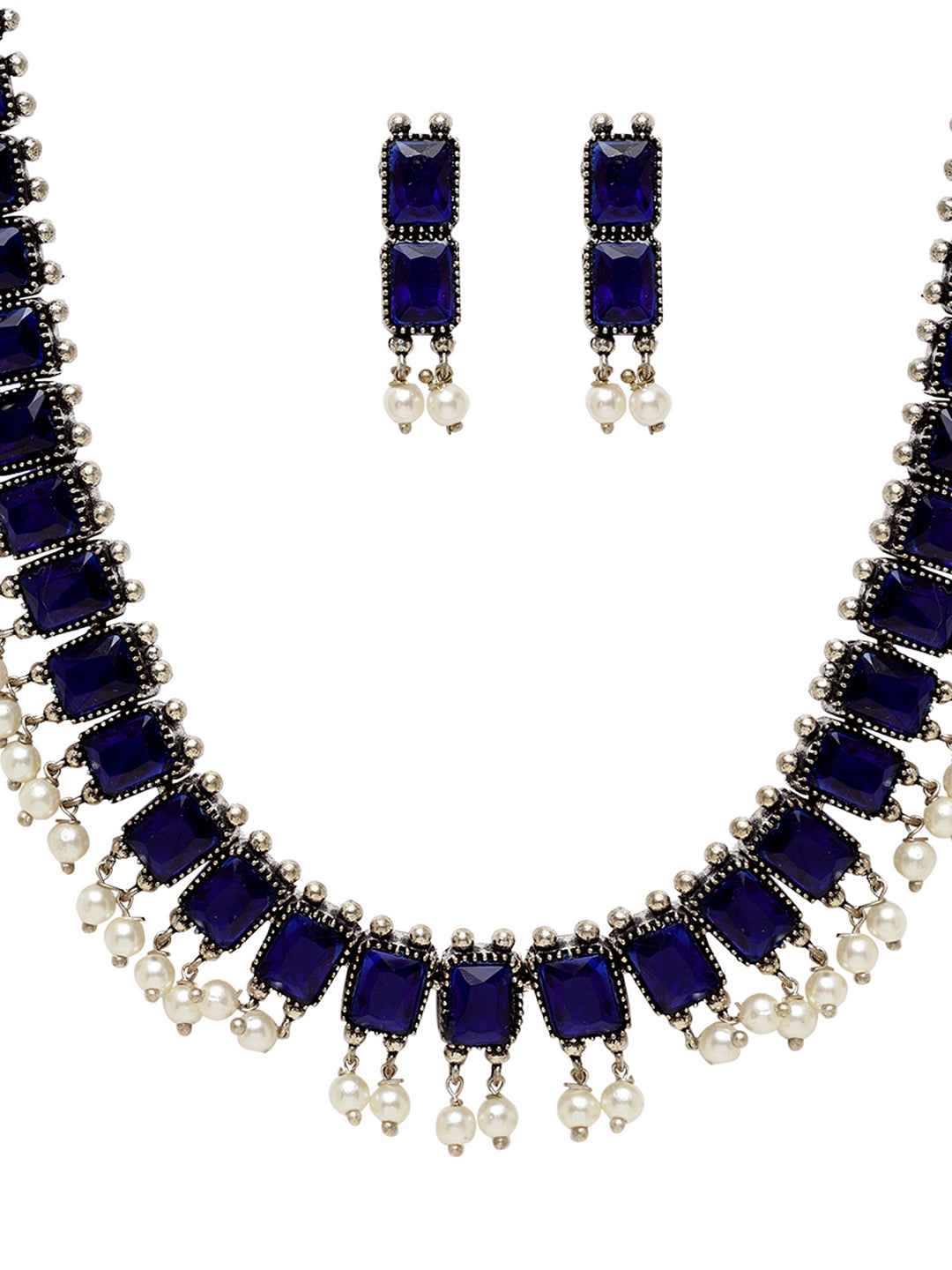 Oxidized Silver-Plated White & Blue Stone-Studded Beaded Handcrafted Jewellery Set