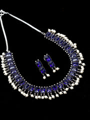 Oxidized Silver-Plated White & Blue Stone-Studded Beaded Handcrafted Jewellery Set