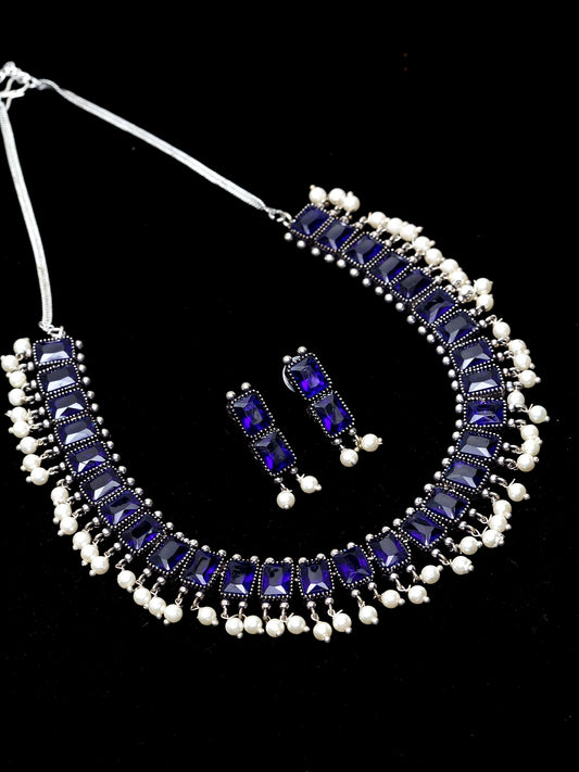 Oxidized Silver-Plated White & Blue Stone-Studded Beaded Handcrafted Jewellery Set