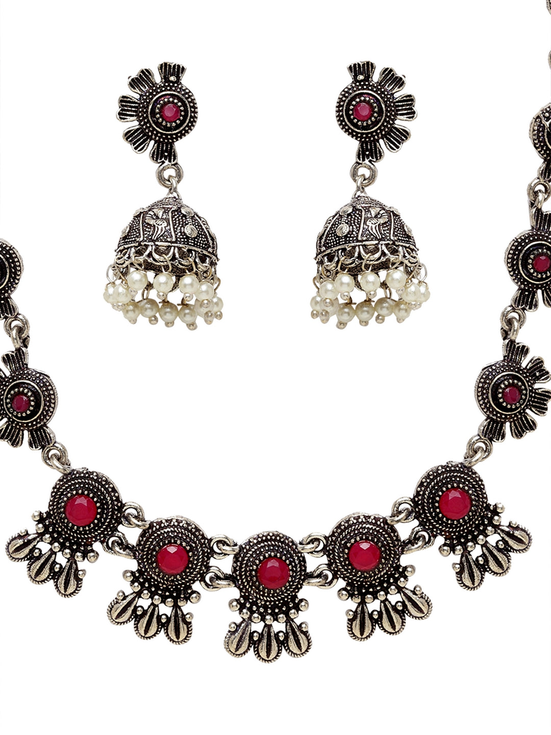 Oxidized Silver-Plated & Pink Artificial Stone-Studded Handcrafted Jewellery Set