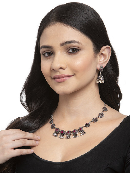 Oxidized Silver-Plated & Pink Artificial Stone-Studded Handcrafted Jewellery Set