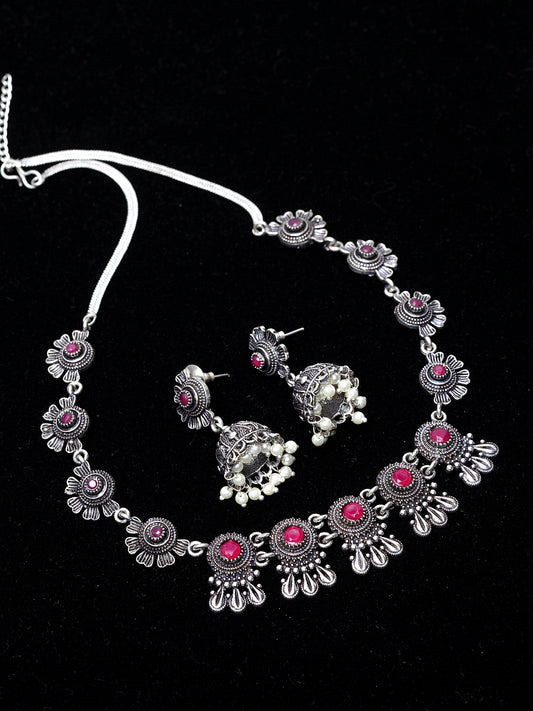 Oxidized Silver-Plated & Pink Artificial Stone-Studded Handcrafted Jewellery Set