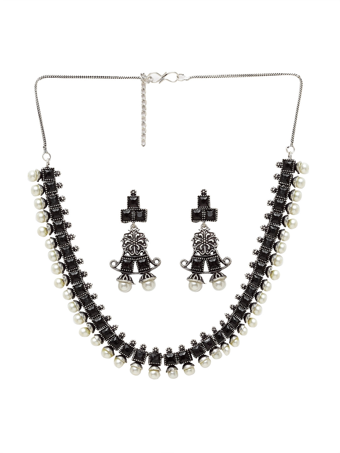 Oxidized Silver-Plated White & Black Artificial Stone-Studded Beaded Handcrafted Jewellery Set