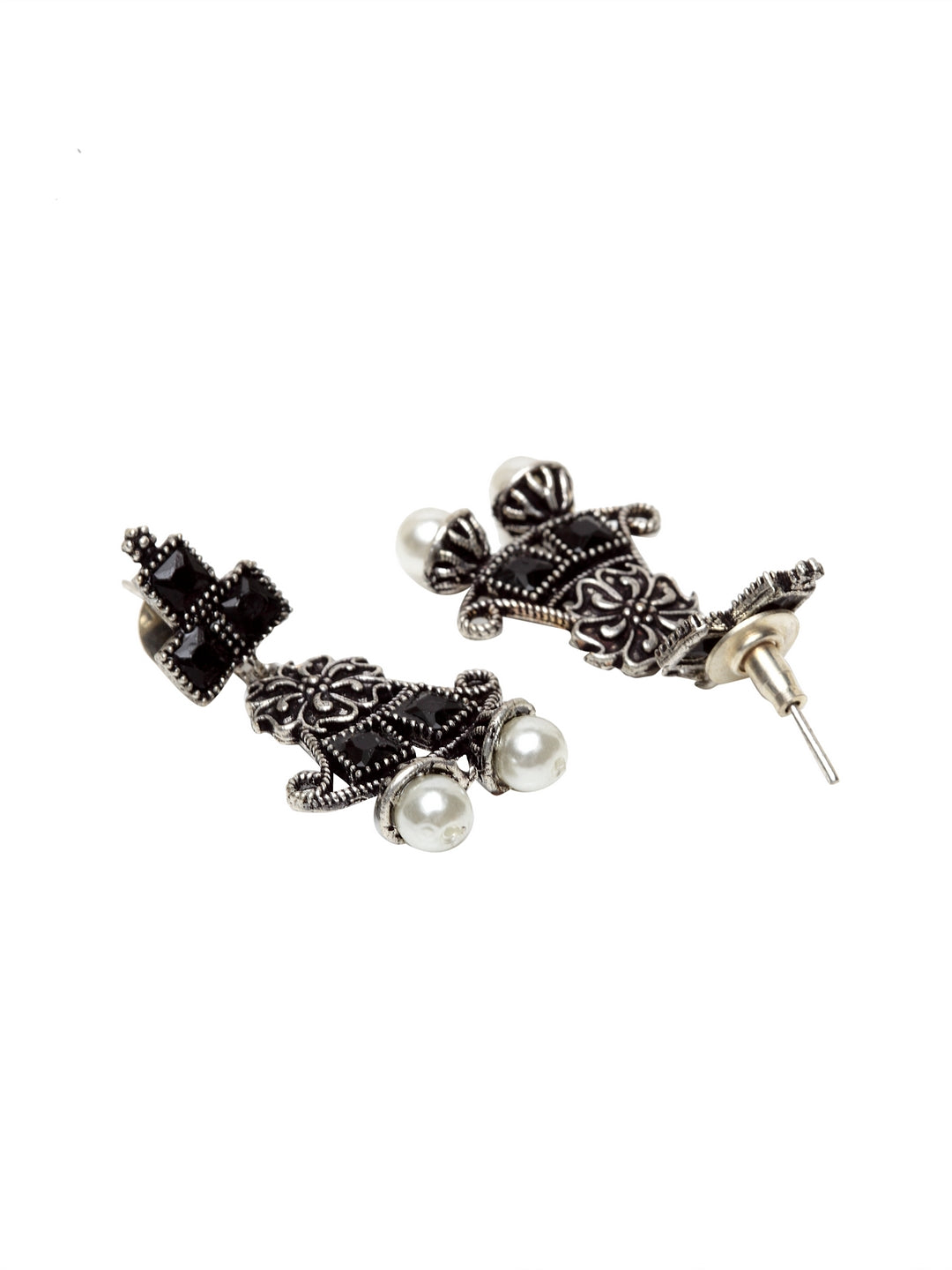 Oxidized Silver-Plated White & Black Artificial Stone-Studded Beaded Handcrafted Jewellery Set