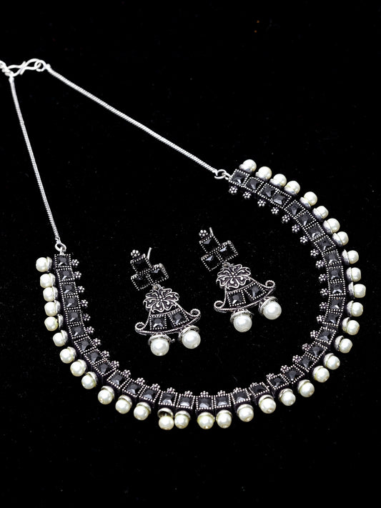 Oxidized Silver-Plated White & Black Artificial Stone-Studded Beaded Handcrafted Jewellery Set