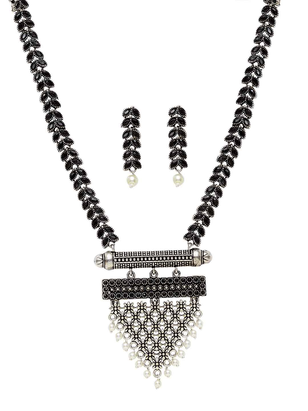 Oxidized Silver-Plated & Black Artificial Stone-Studded Handcrafted Jewellery Set