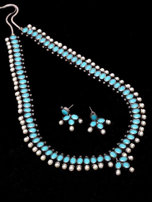 Oxidized Silver-Plated & Turquoise Blue Artificial Stone-Studded Jewellery Set