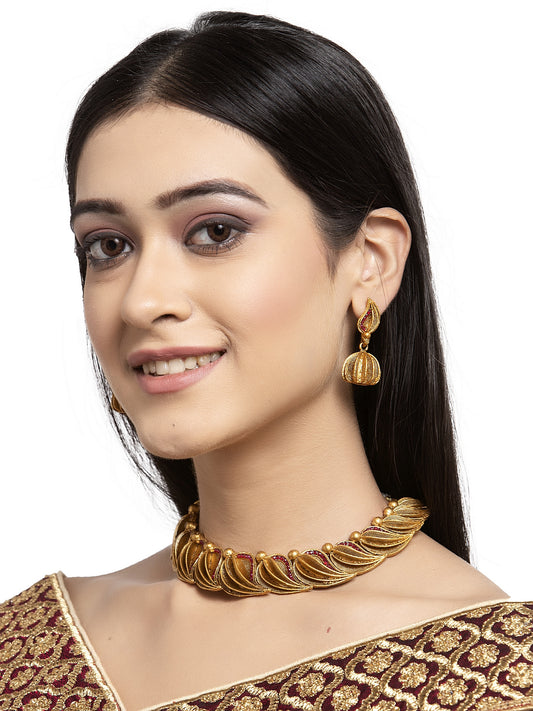 Gold-Plated Red Handcrafted Stone-Studded Sustainable Jewellery Set