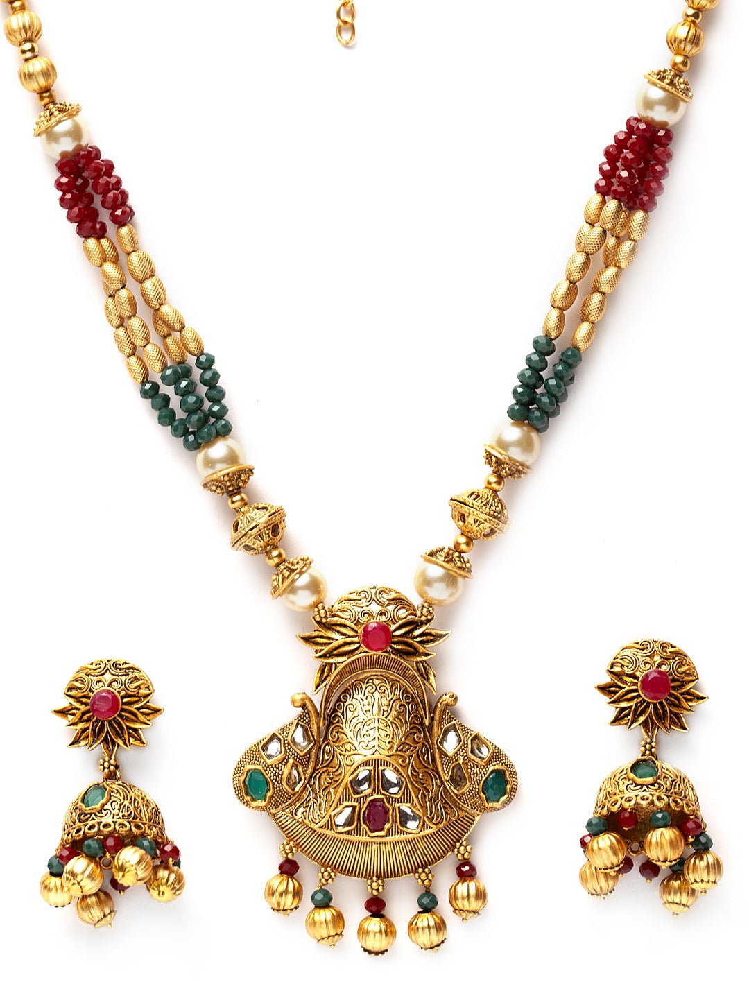 Gold-Plated Red & Green Stone-Studded Beaded Antique Jewellery Set