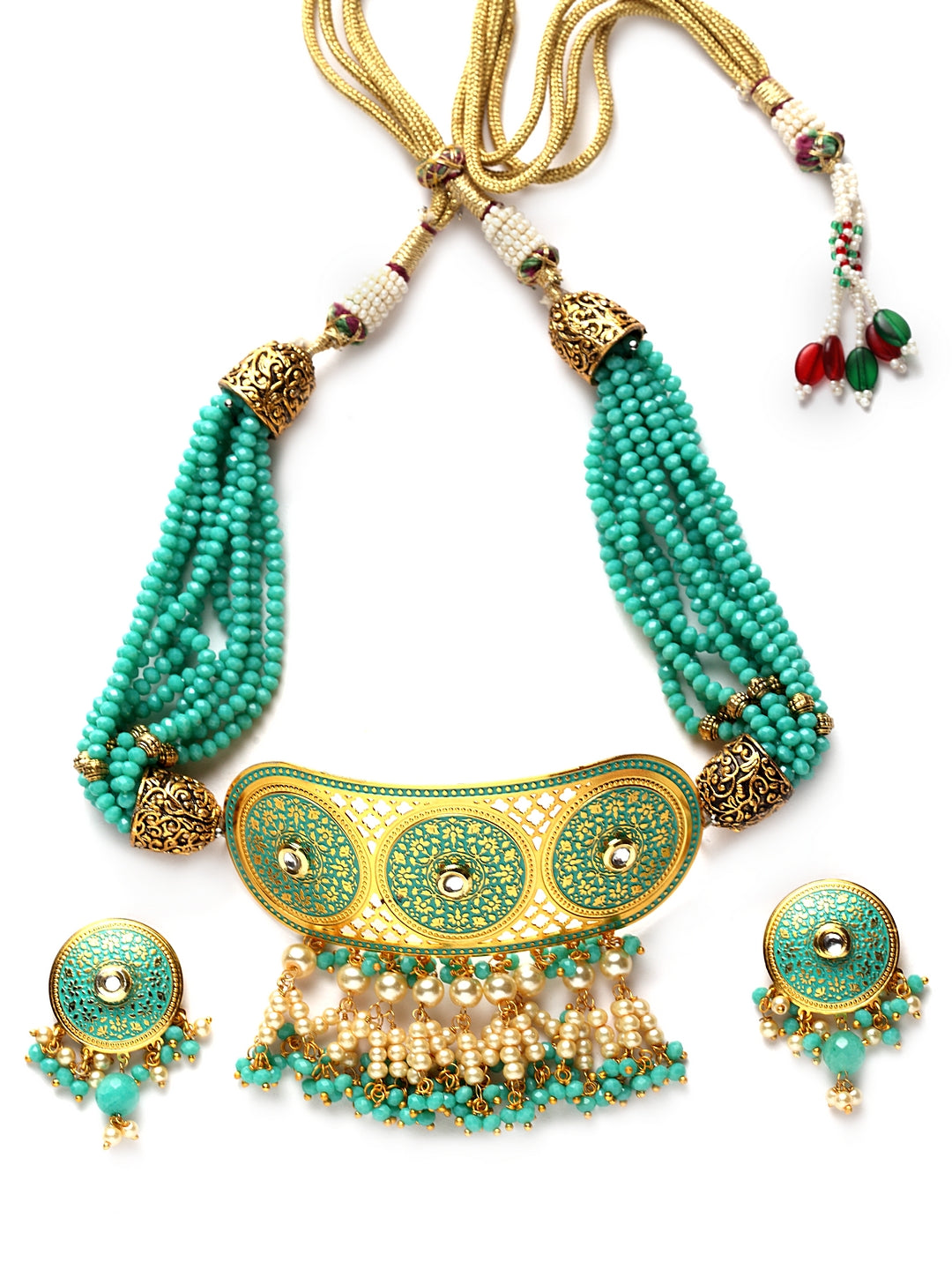 Gold-Plated Turquoise Blue & Beige Filigree Work Pearl-Beaded Jewellery Set