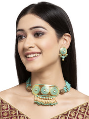 Gold-Plated Turquoise Blue & Beige Filigree Work Pearl-Beaded Jewellery Set