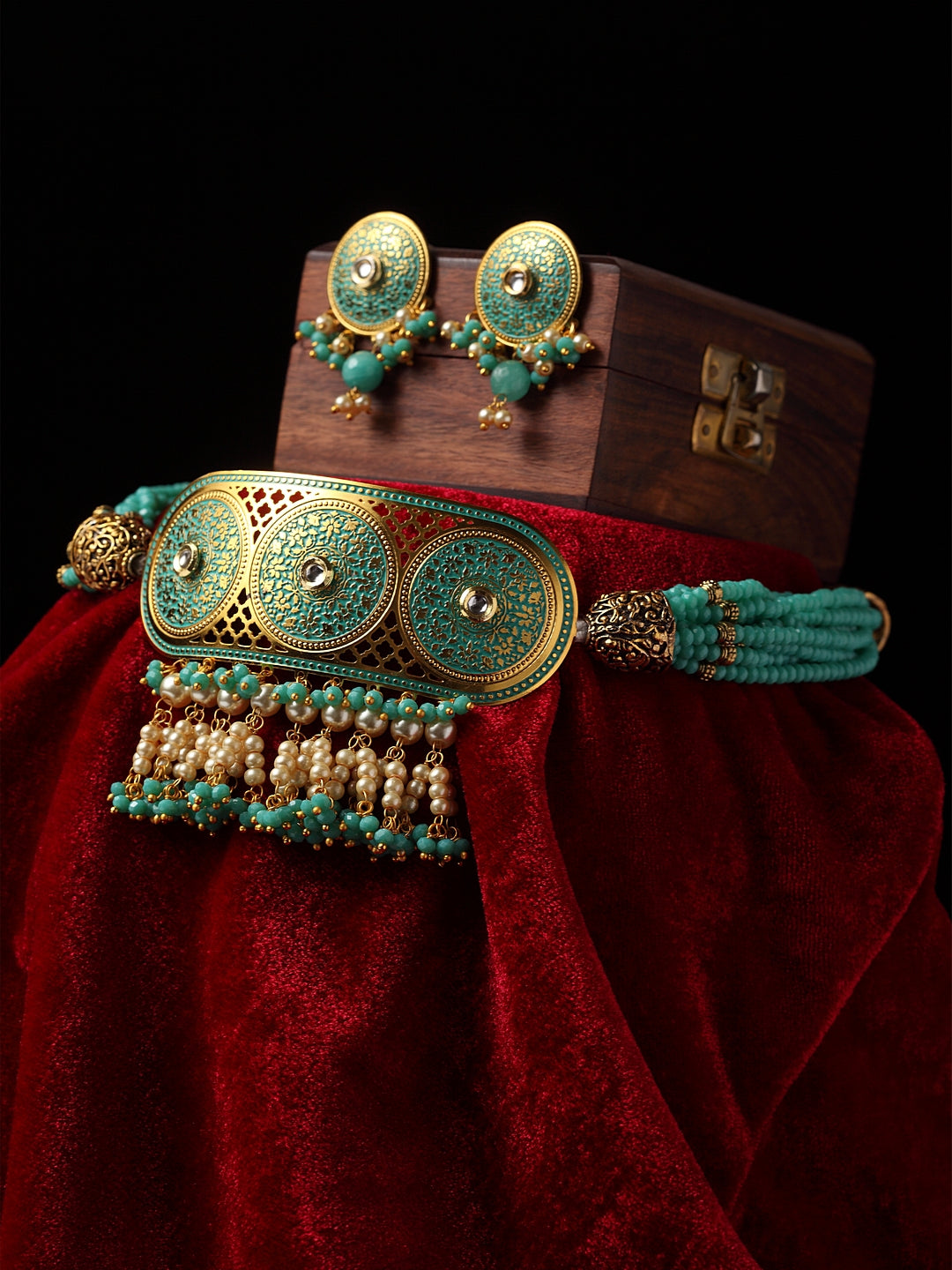 Gold-Plated Turquoise Blue & Beige Filigree Work Pearl-Beaded Jewellery Set