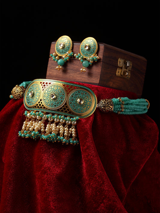 Gold-Plated Turquoise Blue & Beige Filigree Work Pearl-Beaded Jewellery Set