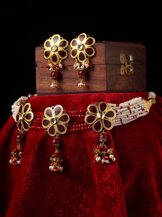 Gold-Plated Red Beaded Choker Jewellery Set