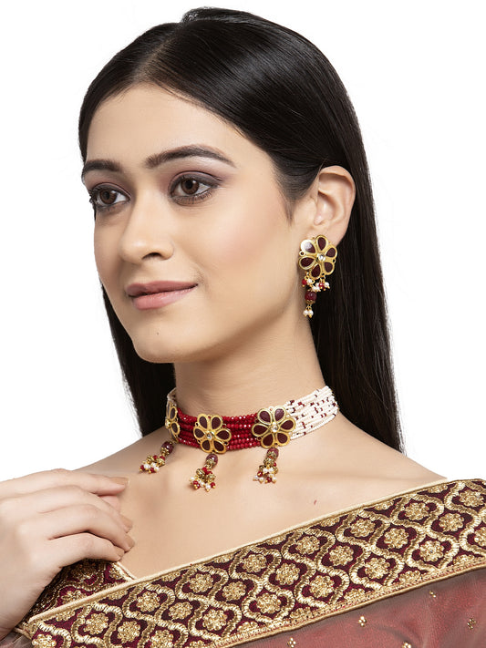 Gold-Plated Red Beaded Choker Jewellery Set