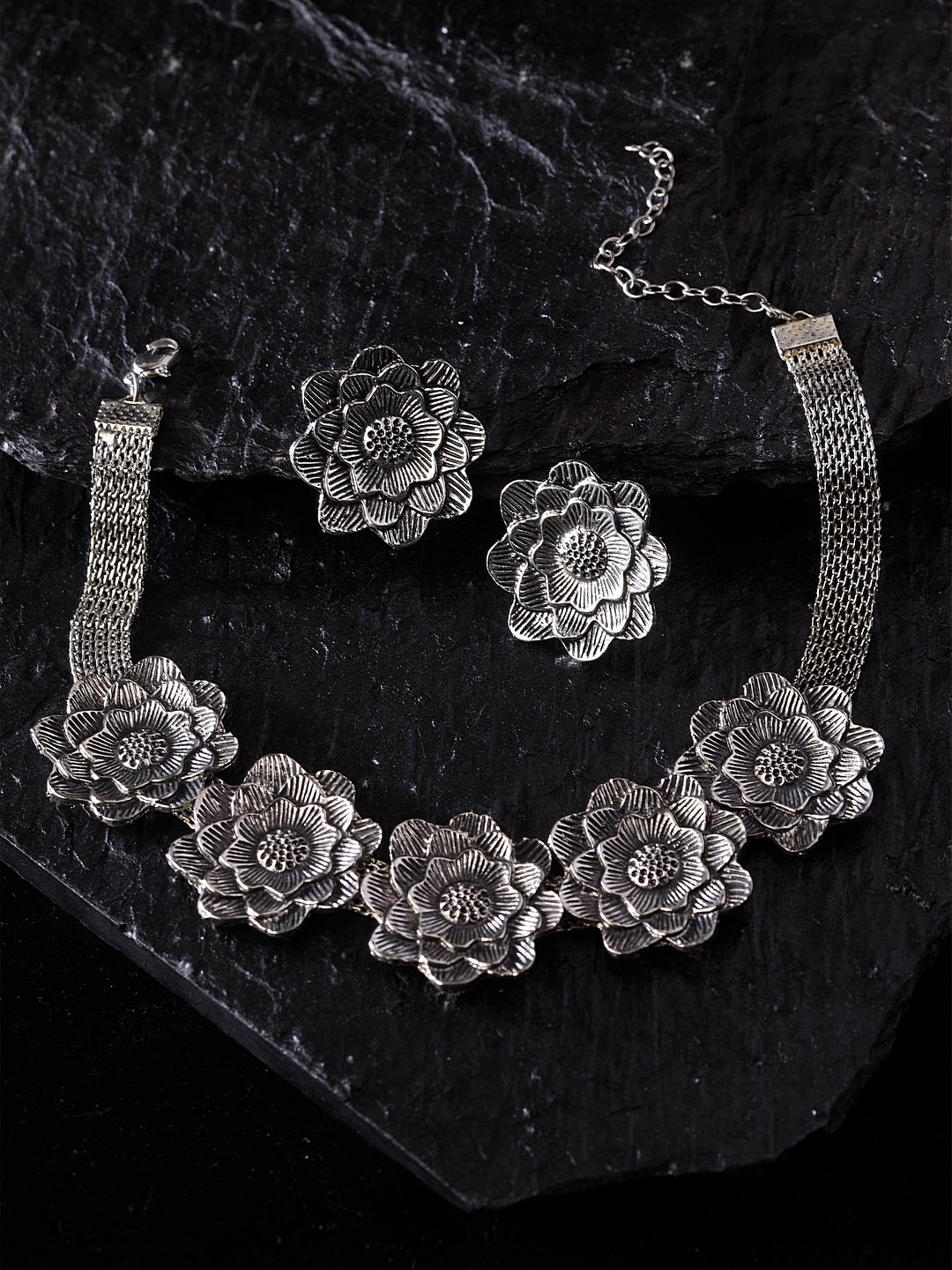 Oxidized Silver-Plated Floral Handcrafted Jewellery Set