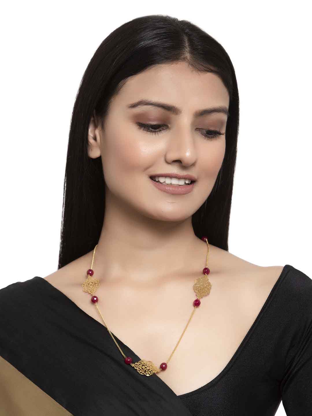 Gold-Plated Red Jade Stone Beaded Handcrafted Necklace