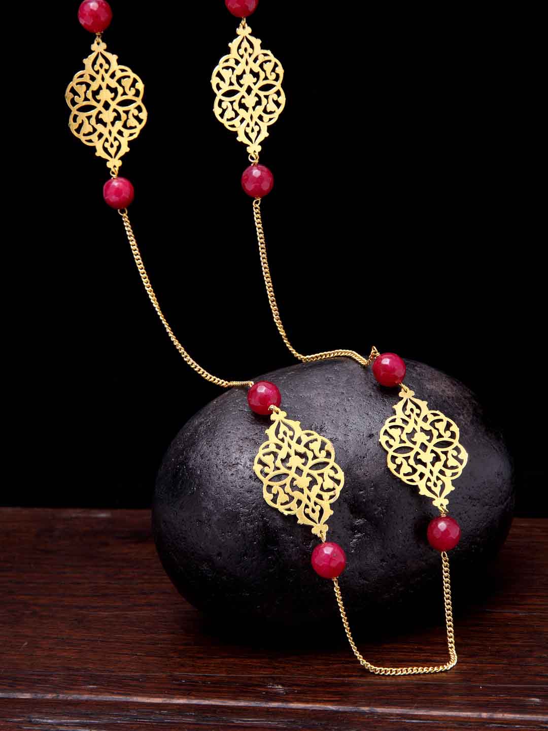 Gold-Plated Red Jade Stone Beaded Handcrafted Necklace