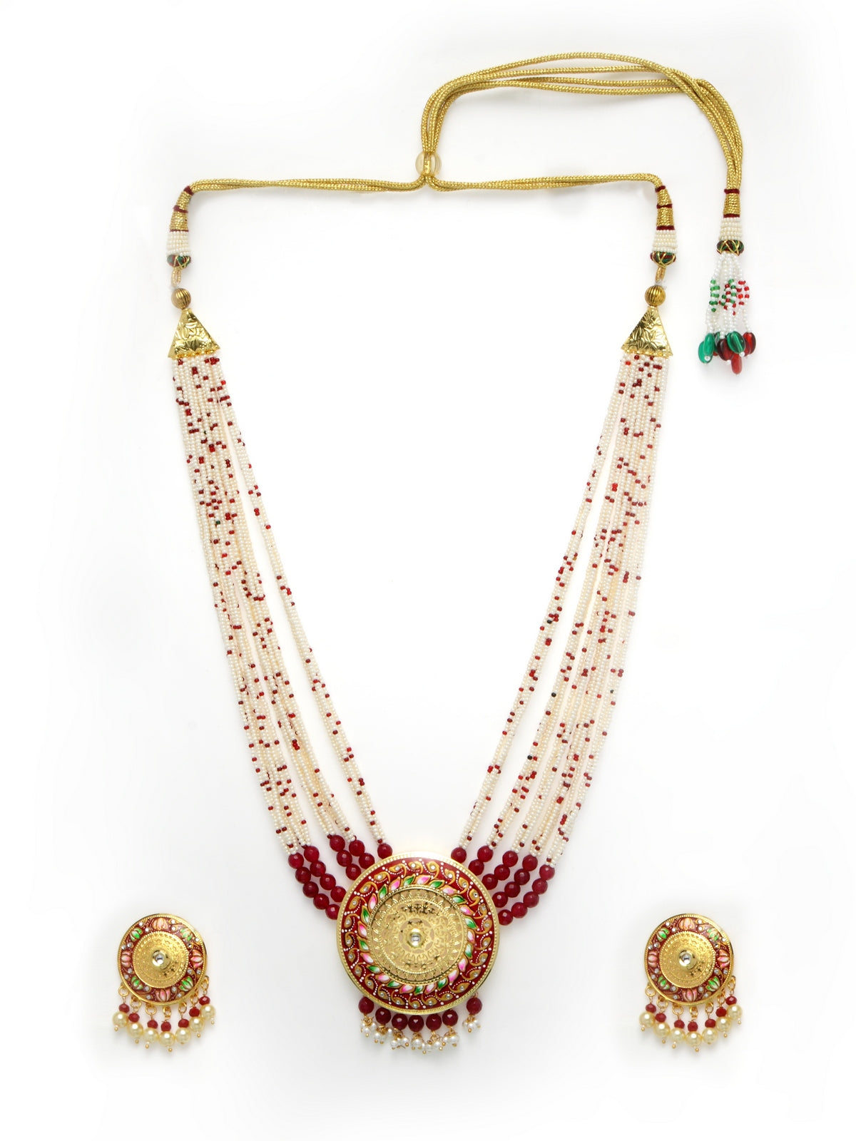 Gold-Plated Red & White Pearl Beaded Jewellery Set