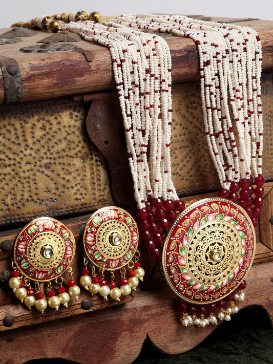 Gold-Plated Red & White Pearl Beaded Jewellery Set