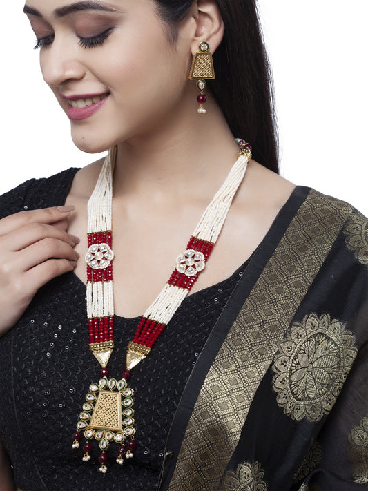 Gold-Plated Red & White Handcrafted Stone-Studded Jewellery Set