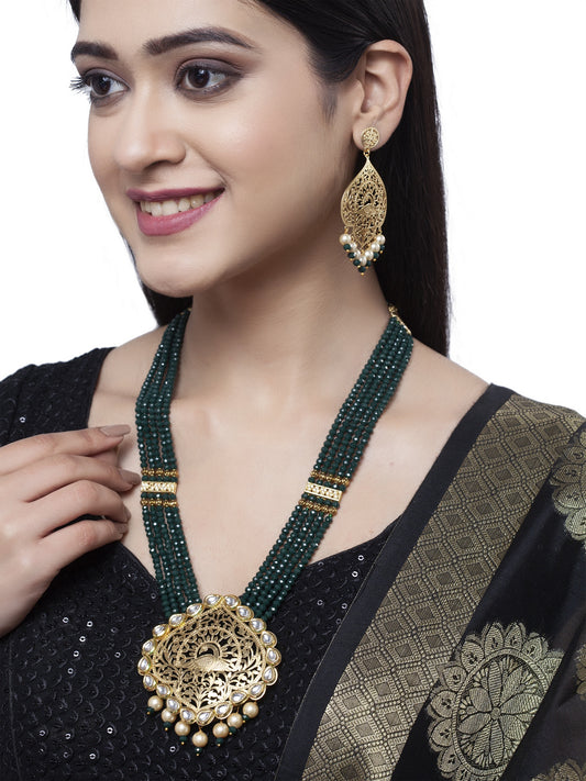 Gold-Plated Green & Off-White Kundan-Studded Beaded Handcrafted Jewellery Set