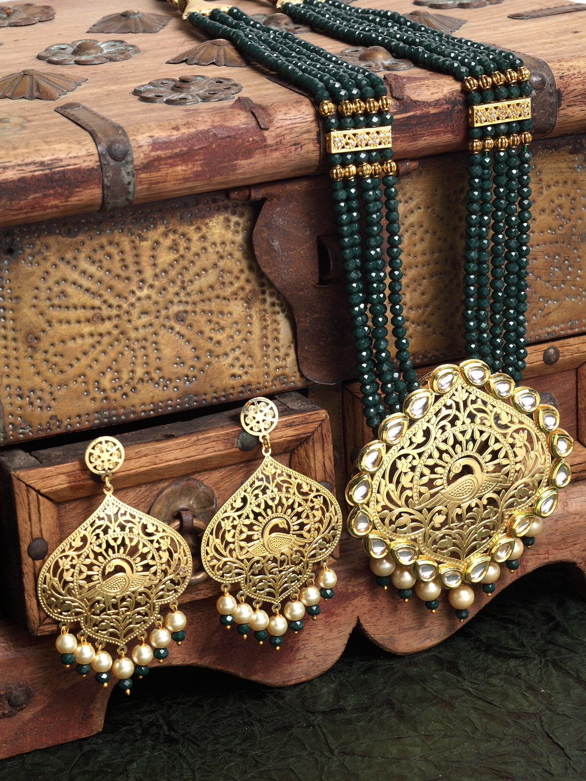 Gold-Plated Green & Off-White Kundan-Studded Beaded Handcrafted Jewellery Set