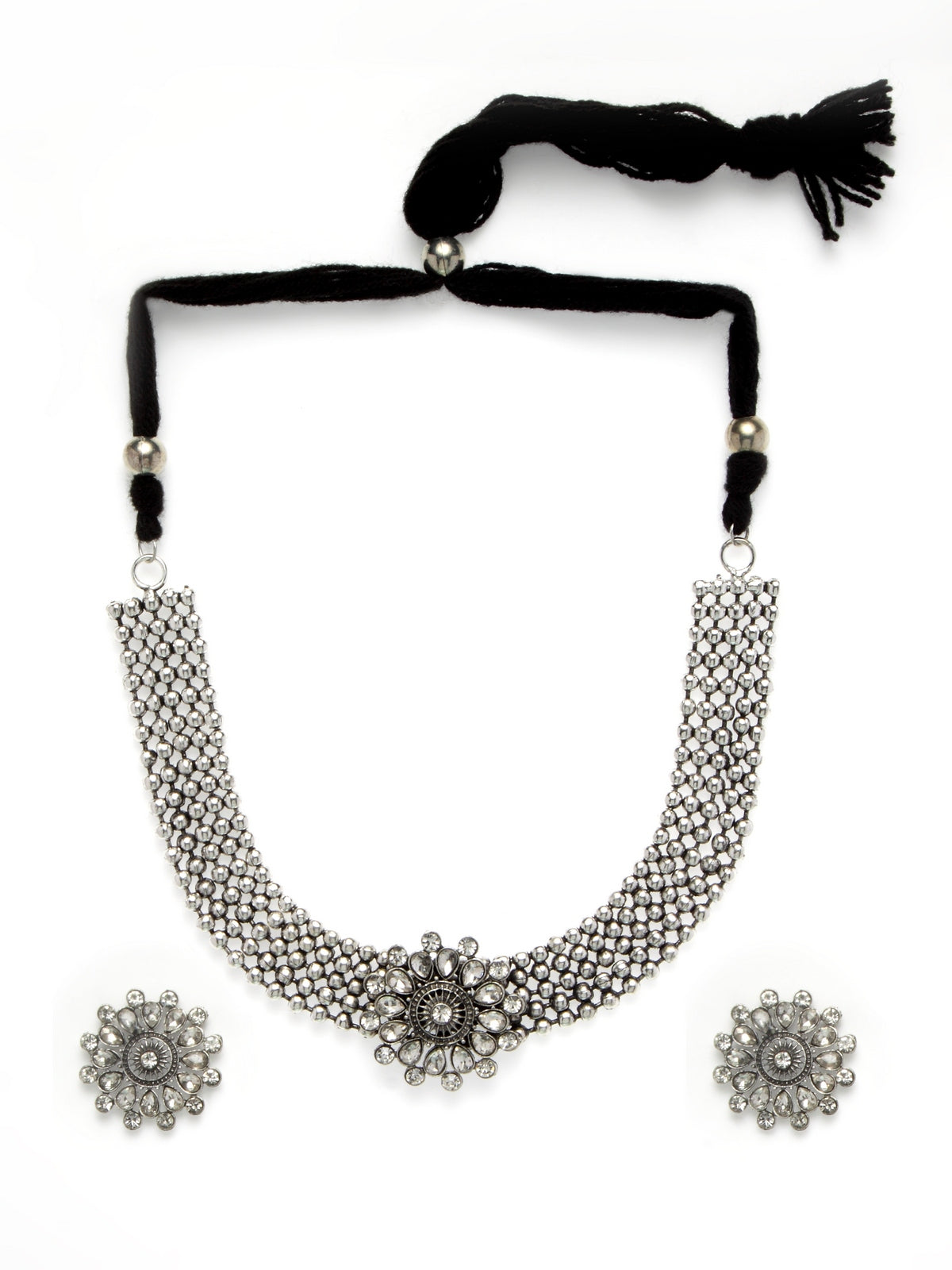 Oxidized Silver-Plated White CZ-Studded Jewellery Set