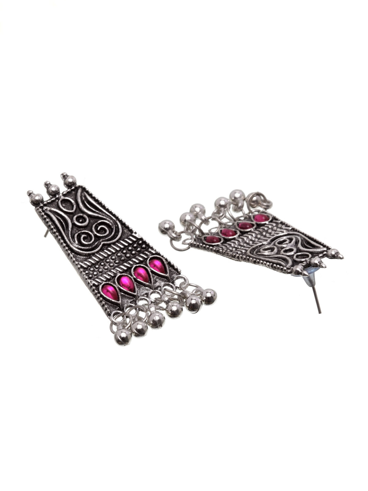 Oxidized Silver-Toned & Pink Stone Studded Jewellery Set