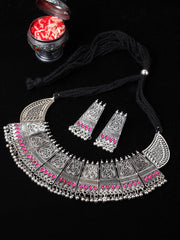 Oxidized Silver-Toned & Pink Stone Studded Jewellery Set