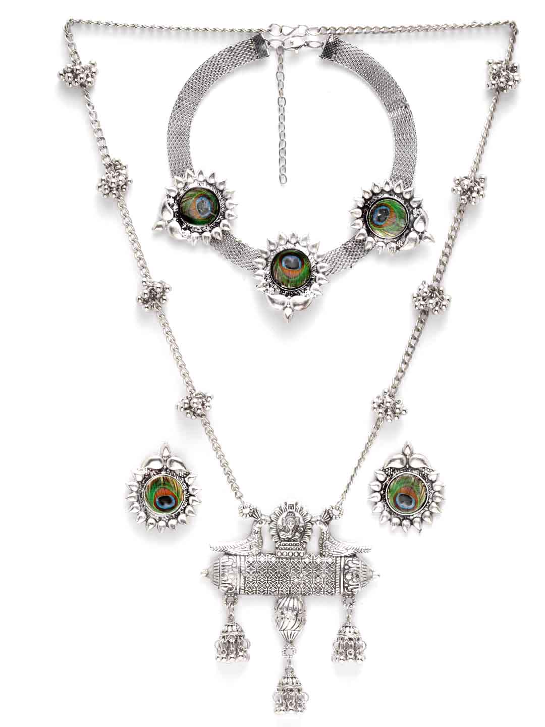 Silver-Plated & Green Oxidized Handpainted Jewellery Set