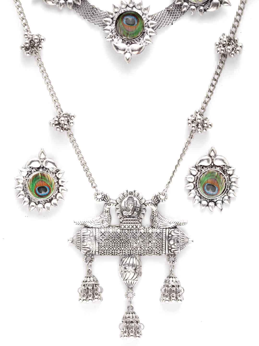 Silver-Plated & Green Oxidized Handpainted Jewellery Set