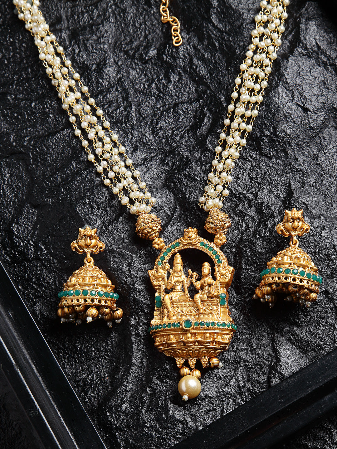 Gold-Toned & White Pearls Shiv & Parvati Temple Jewellery Set