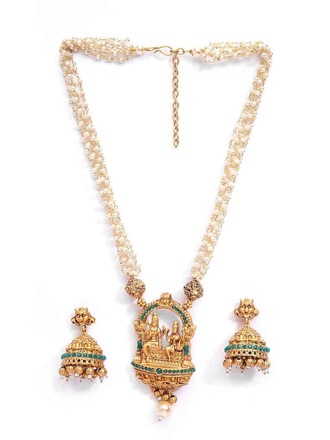 Gold-Toned & White Pearls Shiv & Parvati Temple Jewellery Set