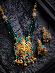 Green & Gold-Toned Beaded Temple Jewellery Set