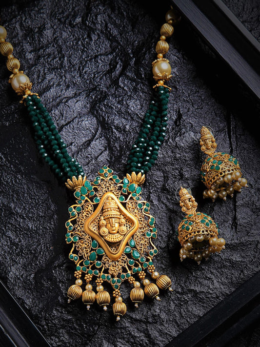 Green & Gold-Toned Beaded Temple Jewellery Set