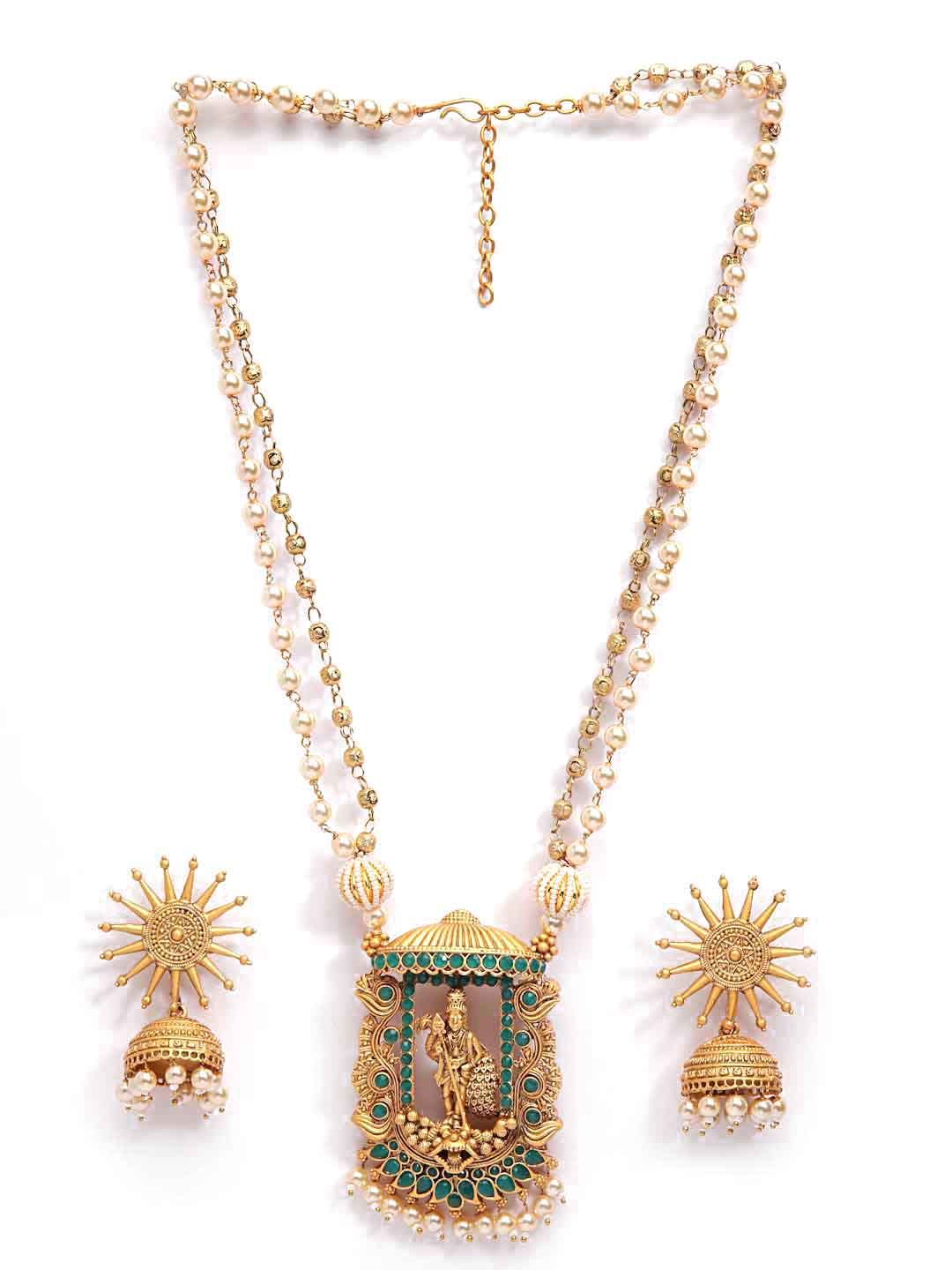 Gold-Toned & Green Gold-Plated Beaded Temple Jewellery Set